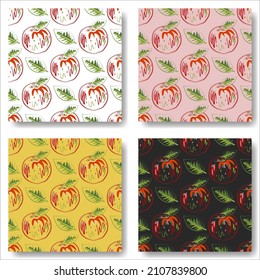 Set of Stylized Apple seamless pattern. Trendy red apple with green leaf. Minimalistic vector art on dark background