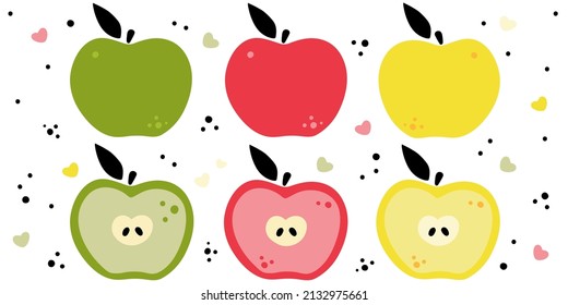 Set of stylized apples. Whole and half of the green, red, yellow apple