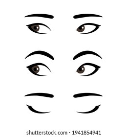 Set of stylized asian woman's eyes expressing different emotions, template for your design, open eyes with calm neutral expression, widened eyes with surprised look, closed eyes