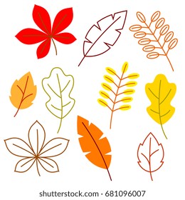 Set of stylized autumn foliage. Falling leaves in simple style.