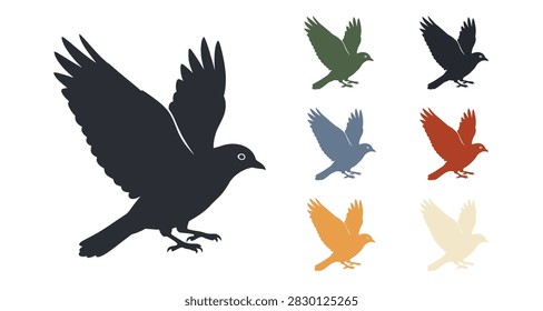 Set of stylized bird silhouettes in various colors and poses