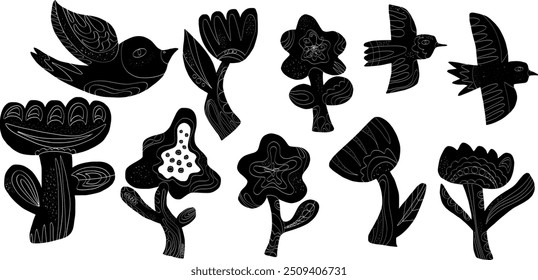 set of stylized birds and flowers folk art motifs in linocut style basic elements