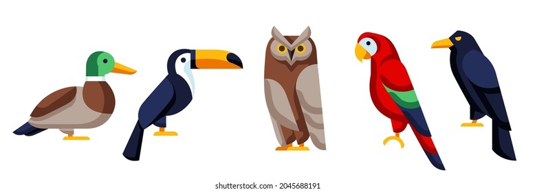 Set of stylized birds. Image of wild birds in simple style.