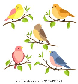 Set of stylized birds sitting on branches. Image of birdie in simple style.