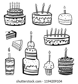 Set of stylized birthday cakes nd tarts. Hand drawn cartoon vector black and white sketch illustration isolated on white background