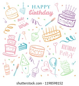 Set of stylized birthday elements. Cakes, balloons, wishes and decorations. Hand drawn cartoon vector colorful sketch illustration isolated on white background