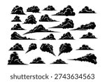 A set of stylized black clouds in a vintage engraving or woodcut style. Excellent for creating dramatic backgrounds for posters, web, or print.
