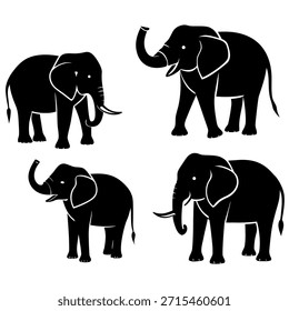 Conjunto de siluetas de elefante negro estilizado - Colección de Vector de iconos de animales africanos en vistas frontales y laterales aisladas
