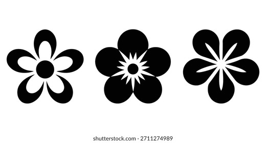 Conjunto de iconos de flores estilizadas de cinco pétalos negros, símbolos de Vector floral abstracto simple aislado en blanco.