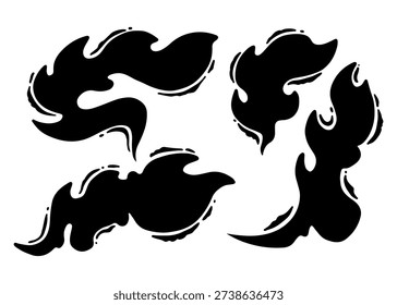 Set of stylized black flame or smoke shapes with organic, flowing outlines, isolated on a white background.