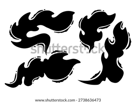 Set of stylized black flame or smoke shapes with organic, flowing outlines, isolated on a white background.