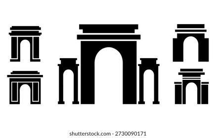 Set of stylized black icons representing triumphal arches and architectural monuments.