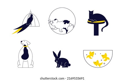 Set of stylized black pets in minimal design isolated on a white background. Flat Art Vector Illustration