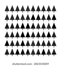 Set of stylized black pine tree icons with various textures arranged in grid formation. Suitable for nature themes, forestry, and holiday design projects.