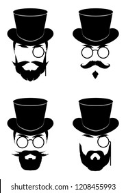 Set of stylized black silhouette men's beards, mustache, hat-cylinders and pince-nez .  Vector illustration.