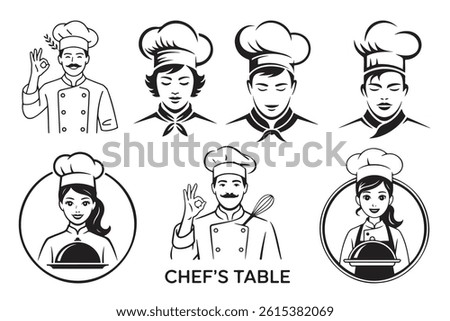 A set of stylized black and white chef icons.