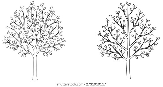 Conjunto de árvores de arte estilizadas em preto e branco com formas exclusivas Silhouette Art e Illustrator EPS 10