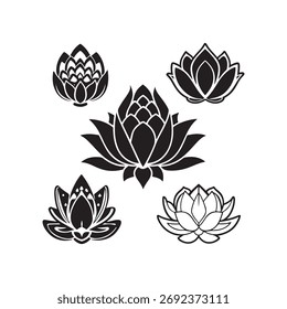 Conjunto de iconos de flores de loto blanco y negro estilizado