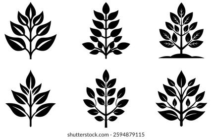 Set of stylized black and white tree and plant icons design