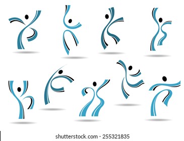 Set of stylized blue icons of dancing people and sportsmen jumping and leaping with outspread arms