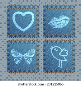 Set of stylized blue jeans romantic icons