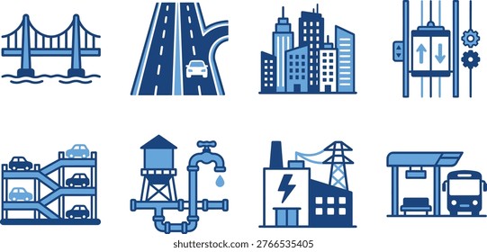 A set of stylized blue line art icons depicting various city elements and infrastructure, including buildings and transport.