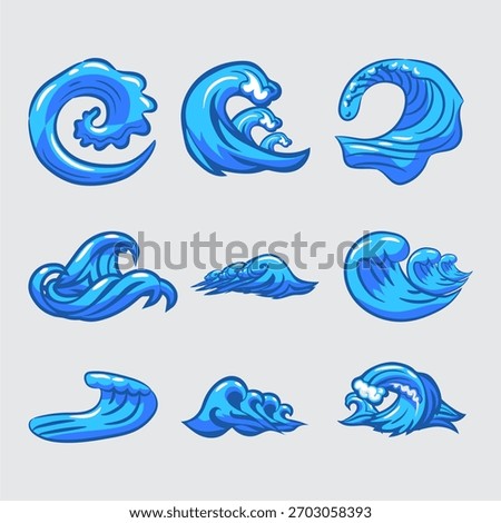 Set of Stylized Blue Ocean Waves Illustrations	