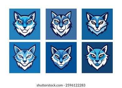 set of Stylized Blue and White Cat Head Vector
