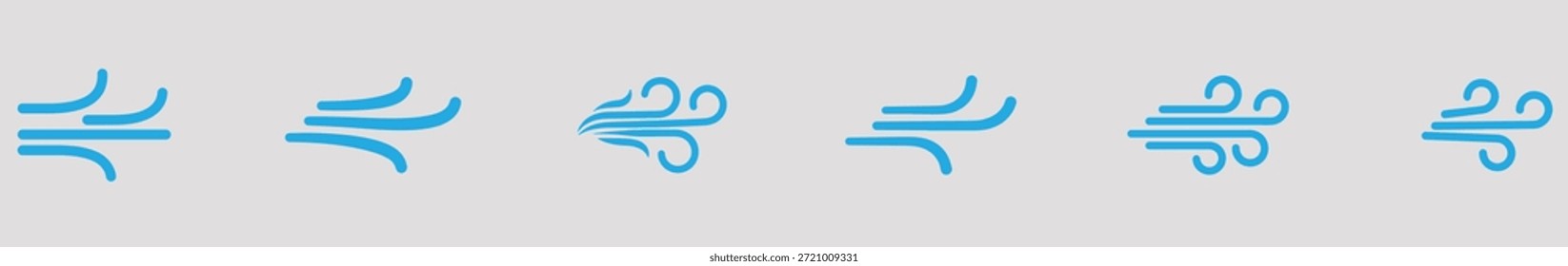 A set of stylized blue wind icons on a light gray background representing different wind directions and speeds in a modern graphic design
