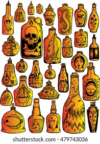 Set of stylized bottles. Seth vessels with drawings. Creative bottle. Whiskey. Alcohol. Graphic arts. Line art. Drawing by hand. Doodle. Tattoo.