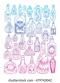 Set of stylized bottles. Seth vessels with drawings. Creative bottle. Whiskey. Alcohol. Graphic arts. Line art. Drawing by hand. Doodle. Tattoo.