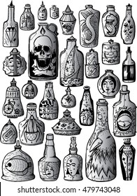 Set of stylized bottles. Seth vessels with drawings. Creative bottle. Whiskey. Alcohol. Graphic arts. Line art. Drawing by hand. Doodle. Tattoo.