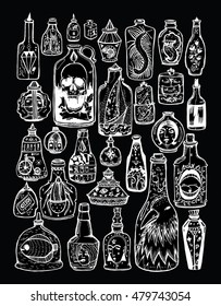 Set of stylized bottles. Seth vessels with drawings. Creative bottle. Whiskey. Alcohol. Graphic arts. Line art. Drawing by hand. Doodle. Tattoo.