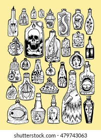 Set of stylized bottles. Seth vessels with drawings. Creative bottle. Whiskey. Alcohol. Graphic arts. Line art. Drawing by hand. Doodle. Tattoo.