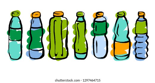 set of stylized bottles of various shape and color