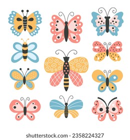 Set of stylized butterflies. Flat style. Vector illustration.