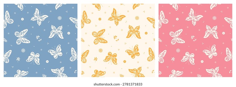 Set of Stylized Butterflies Seamless Patterns in Blue, Yellow, Pink.