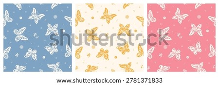 Set of Stylized Butterflies Seamless Patterns in Blue, Yellow, Pink.