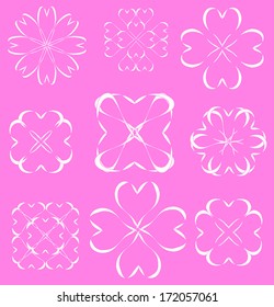 Set of stylized calligraphy hearts shaping flowers, white on pink background