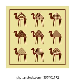 Set of stylized camels on a beige background. Good use for company logo, design presentations, print on textiles. Vector illustration