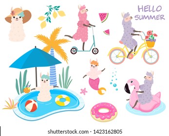 Set of stylized cartoon llamas. 
Summer fun. Vector elements for cards, posters, banners.