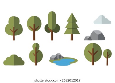 Conjunto de Elementos de naturaleza de dibujos animados estilizados. Iconos gráficos planos del Vector que incluyen árboles del bosque, un arbusto, un lago, y piedras aisladas en blanco