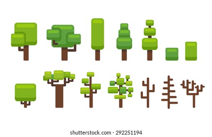 Set of stylized cartoon trees isolated on white, suitable for icons or platformer video game level backgrounds.