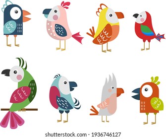 Set with stylized cartoon tropical parrots. Vector illustration isolated on white background. Colorful birds for use in decor, logos, postcards, patterns and various designs.