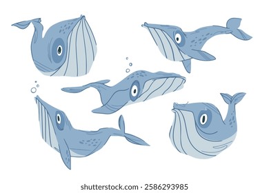 Set of stylized cartoon whales with big eyes and bubbles, mammals for alphabets, books and posters