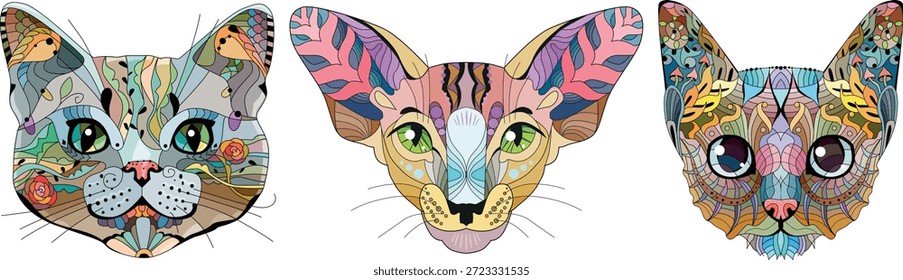 Conjunto de cabezas de gato estilizadas. Ilustración vectorial de encaje dibujado a mano