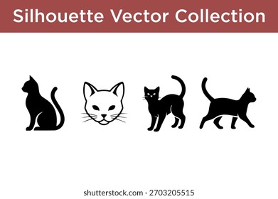 A set of stylized cat illustrations including full body silhouettes and a detailed head outline.
