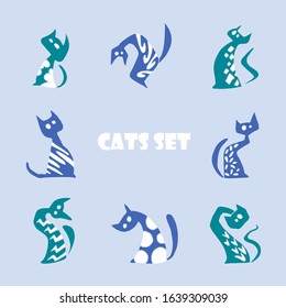 set of stylized cats. Cartoon cats with a pattern in different poses. Vector hand-drawn stock illustration. cool colors. doodles. primitive style. flat