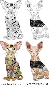 Conjunto de gatos estilizados para livro de colorir. Ilustração de vetor de renda desenhada à mão