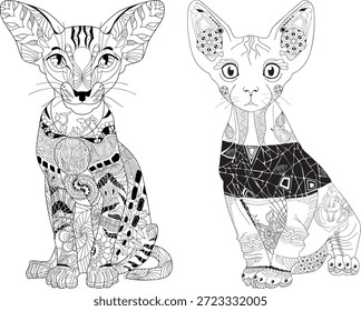 Conjunto de gatos estilizados para colorear libro. Ilustración vectorial de encaje dibujado a mano